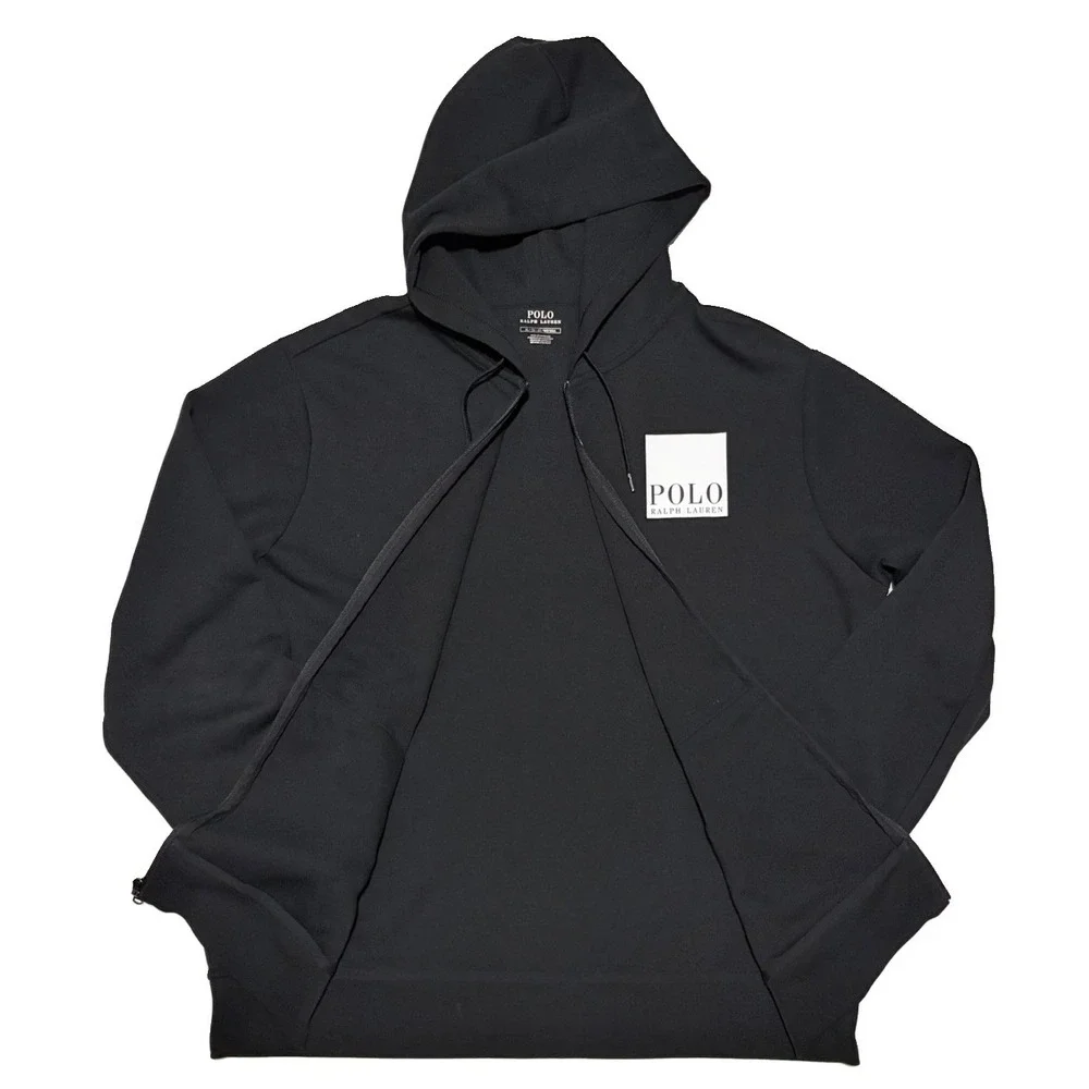 Polo Ralph Lauren Mens XL Double-Knit Full-Zip Back Logo Hoodie Spellout Black